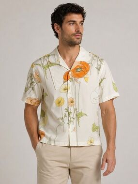 NWT Tanner Fletcher WHITE JOYCE SHIRT IN ORANGE POPPIES Mens Sz XS Womens M
